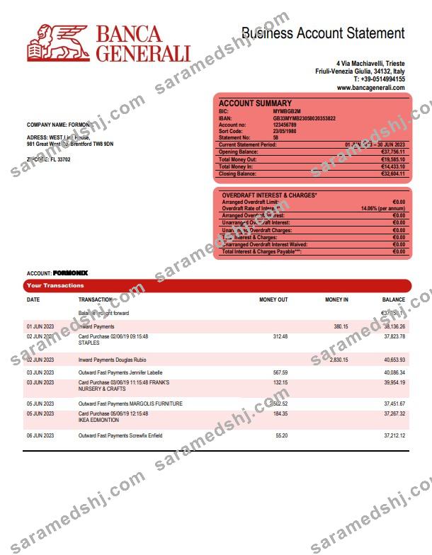Banca Generali organization checking account statement Word and PDF template